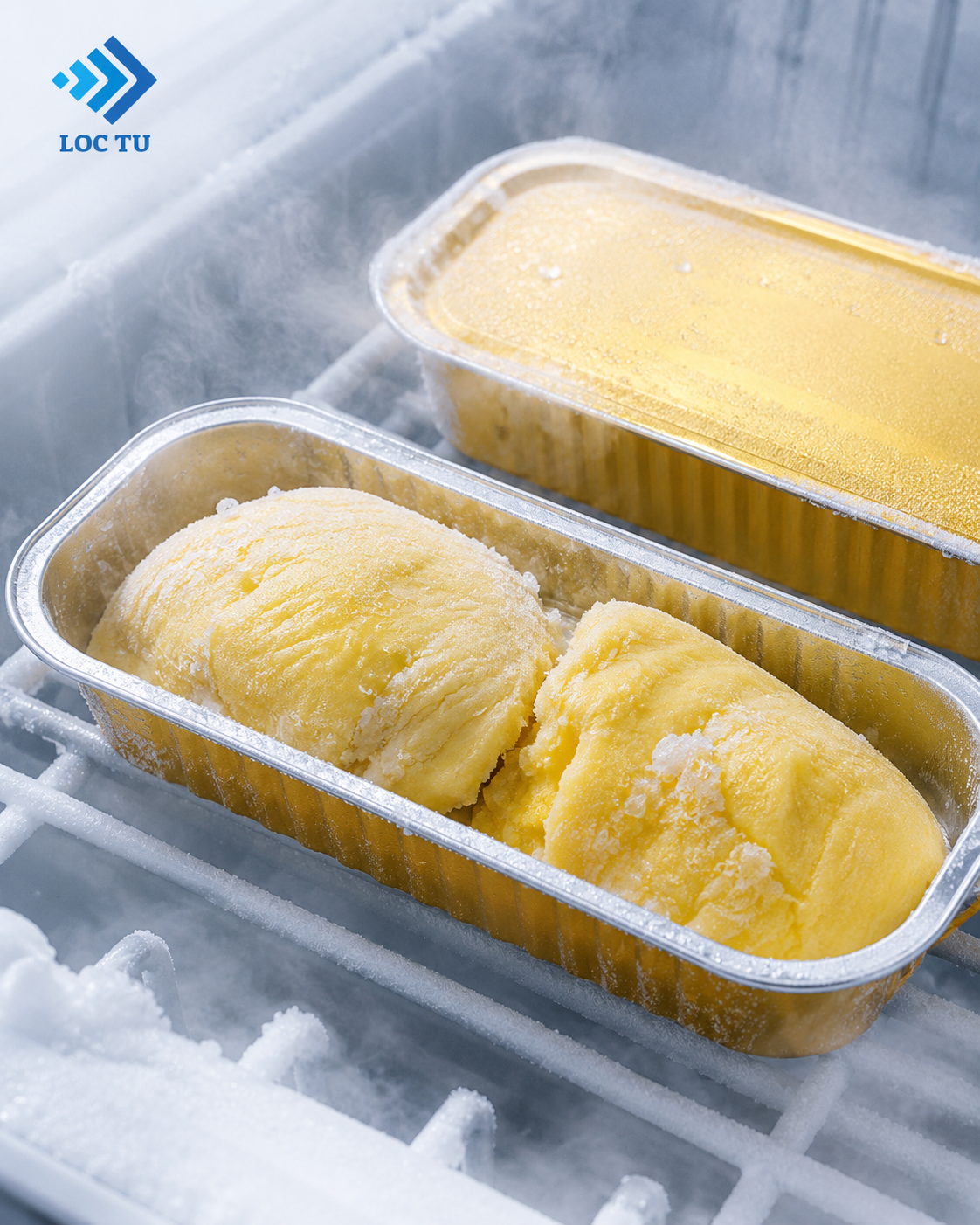 Khay nhôm đựng sầu riêng cấp đông tiêu chuẩn.